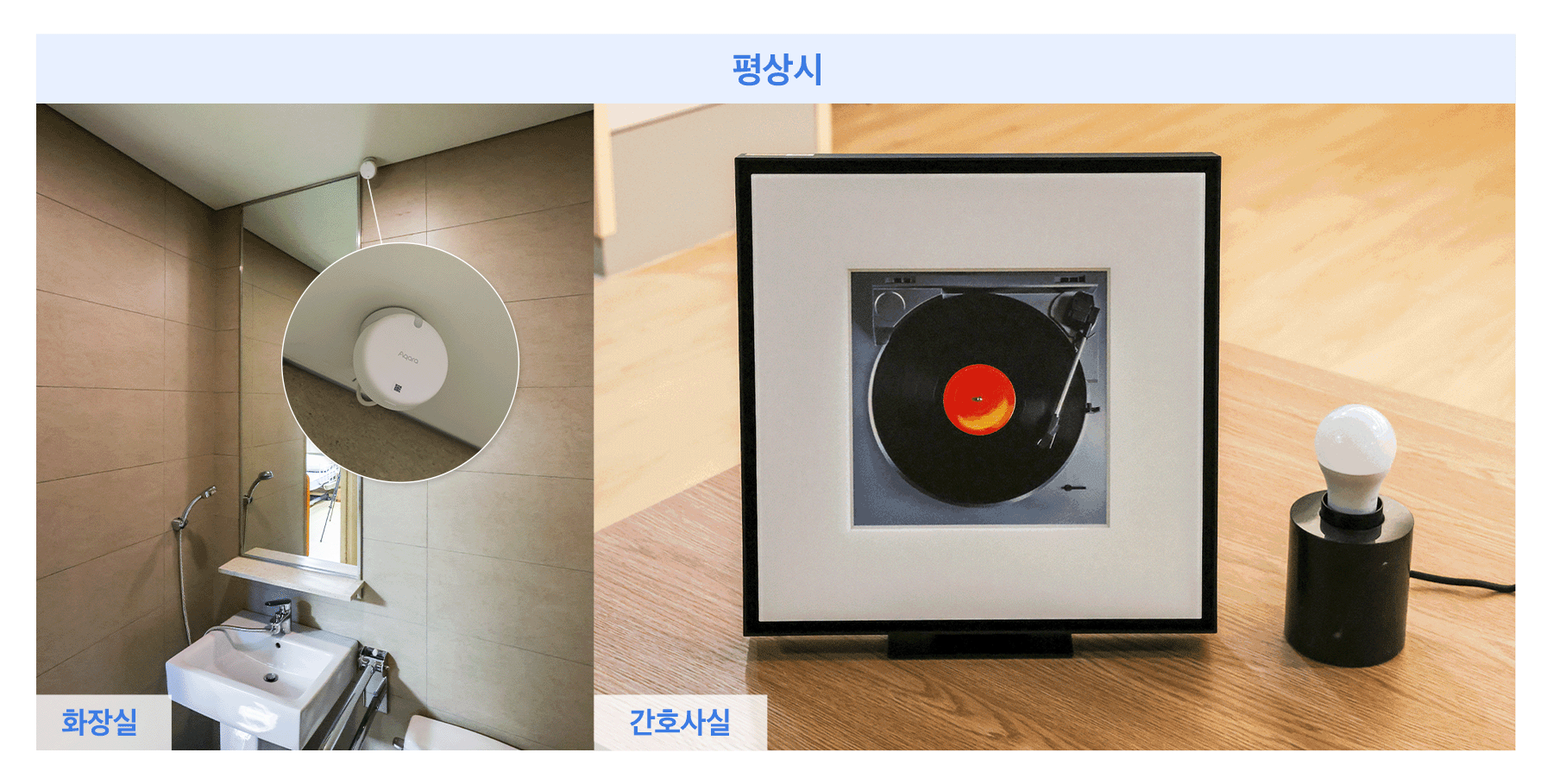 KB골든라이프 '은평빌리지' 화장실 내 입주자가 일정 시간 이상 체류 시 삼성전자 뮤직 프레임과 스마트 전구로 긴급 상황을 전달하는 모습. (사진=삼성전자)