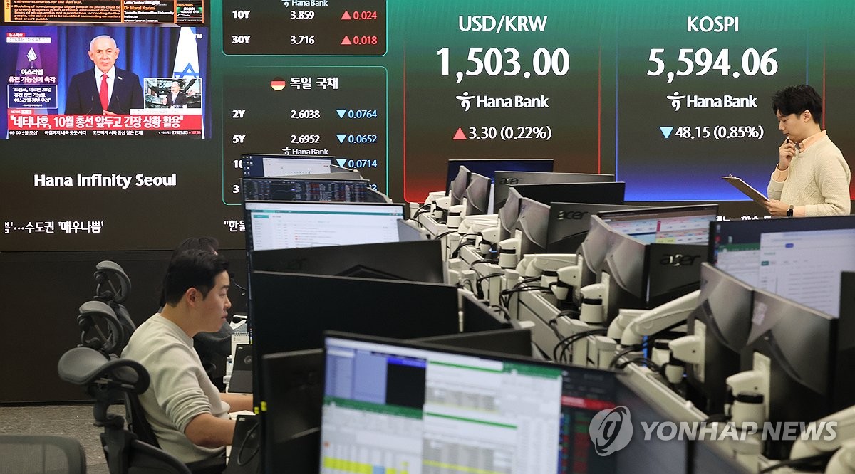 26일 오전 서울 중구 하나은행 딜링룸 현황판에 코스피 지수와 원/달러 환율 등이 표시되고 있다. 사진=연합뉴스