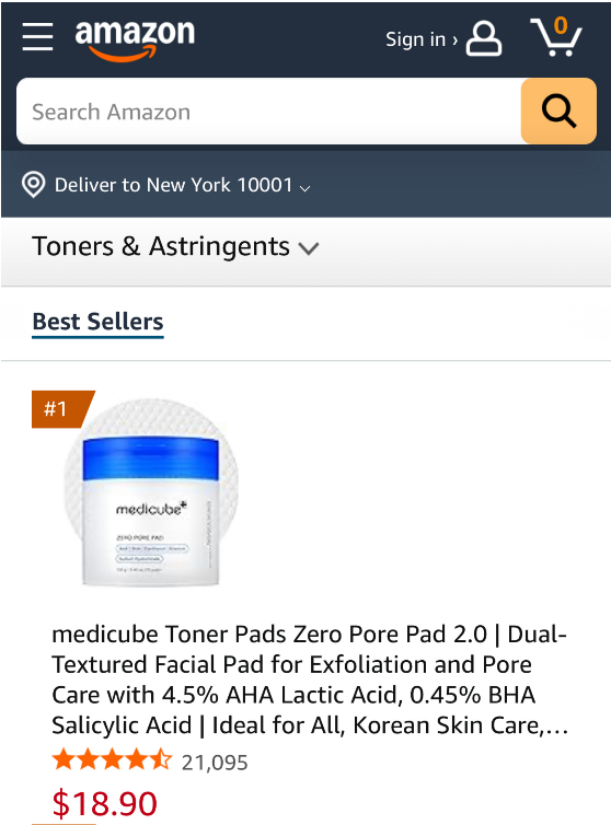 7일 아마존닷컴 '토너&화장수(Toners & Astringents)' 카테고리에서 메디큐브 '제로 모공 토너 패드 2.0' 제품이 베스트셀러 1위를 기록하고 있다.