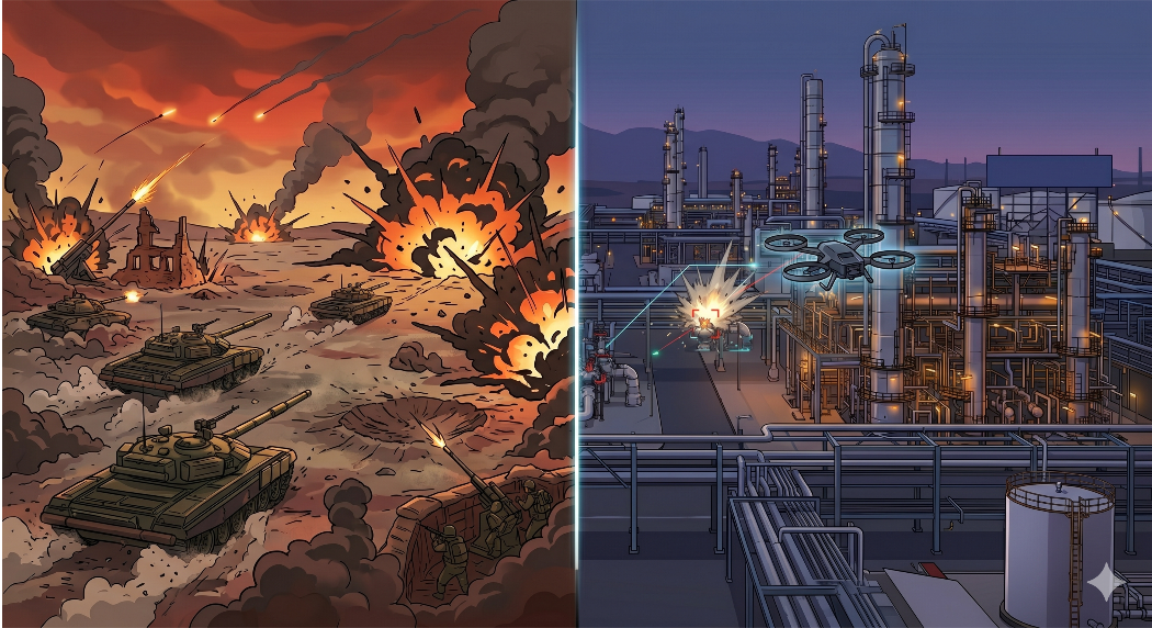 전면전 양상으로 진행된 러시아-우크라이나 전쟁(좌측)과 핵심 시설을 타격하는 이란-미국 전쟁(우측)을 상징하는 이미지. 인공지능 GEMINI로 제작.