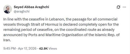 아바스 아라그치 이란 외무장관의 호르무즈 해협 개방 메시지. 사진=아라그치 장관 X 계정