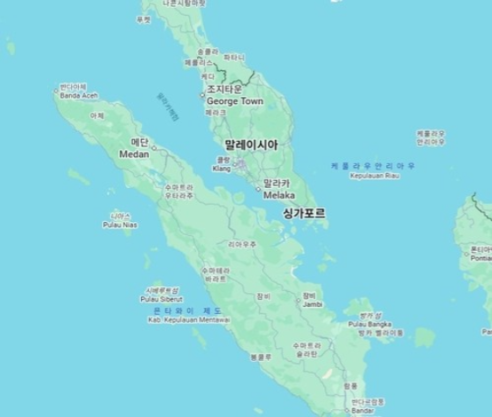 말레이반도와 수마트라섬 사이의 말라카 해협. 사진 = 구글지도, 연합뉴스