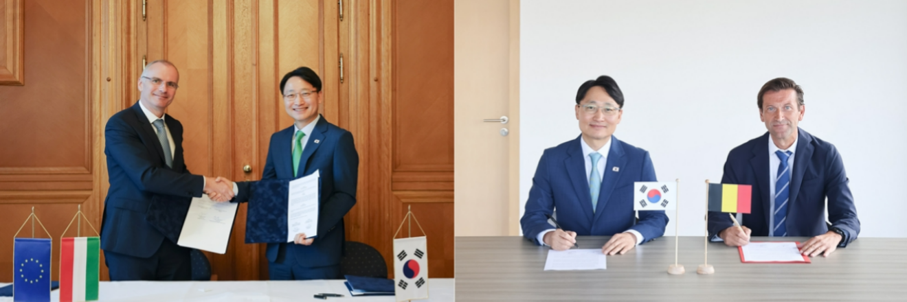(왼쪽)임광현 국세청장이 지난 8일 헝가리 부다페스트에서 페렌츠 바구이헤이 국세청장을 만나 징수공조 실무협정을 새로 체결하며 악수하고 있다. (오른쪽) 임광현 국세청장이 11일 필립 반 데 벨데 벨기에 국세청장과 브뤼셀에서 최초로 한-벨기에 국세청장 회의를 하고 징수공조 실무협정에 서명하고 있다.