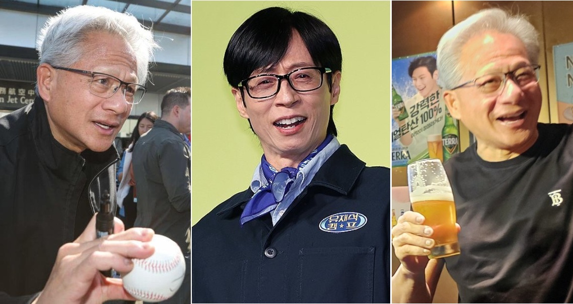 젠슨 황 엔비디아 최고경영자(CEO)와 방송인 유재석(가운데). 사진 오른쪽은 지난해 한국을 찾은 당시 서울 삼성동 한 치킨집에서 이재용 삼성전자 회장, 정의선 현대차그룹 회장과 '치맥 회동'을 하는 모습. 사진=연합뉴스