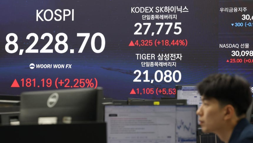 지난달 27일 서울 중구 우리은행 딜링룸 현황판에 삼성전자·SK하이닉스 단일종목 레버리지 상품 종가가 표시돼 있다. 연합뉴스