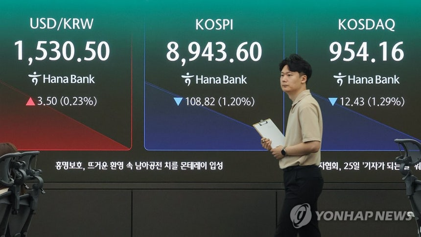 22일 서울 중구 하나은행 본점 딜링룸 현황판에 원/달러 환율, 코스피, 코스닥 지수가 표시돼 있다. 사진=연합뉴스