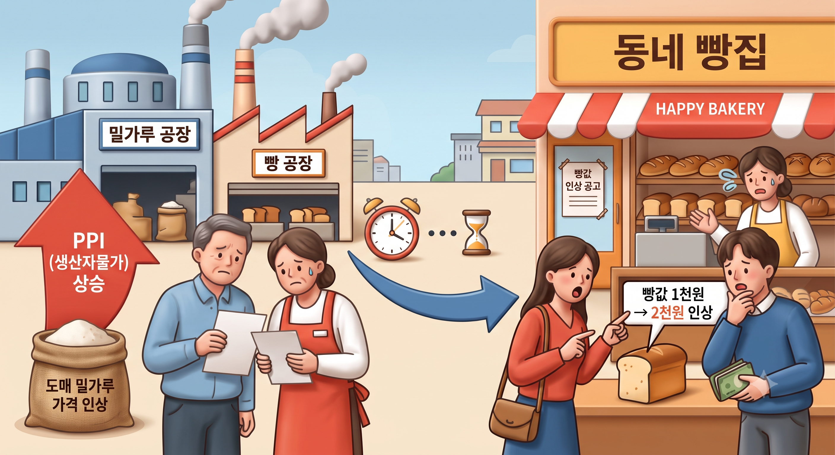 밀가루 가격이 오른다고 동네 빵값이 바로 오르지는 않습니다. 하지만 일정 시차를 두고 동네 빵집의 빵 가격도 오르죠. 도매 밀가루 가격이 오르고 내리고를 측정한 지표가 바로 PPI입니다. 사진=GEMINI로 제작