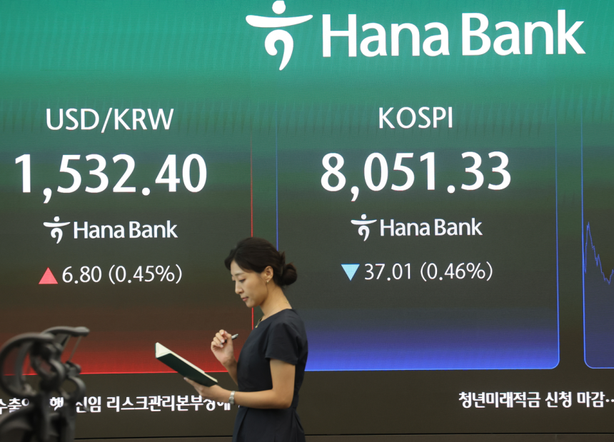 6일 서울 중구 하나은행 딜링룸에서 직원이 업무를 보고 있다. 이날 코스피는 전장보다 37.01포인트(0.46%) 내린 8051.33에 마감했다. 연합뉴스