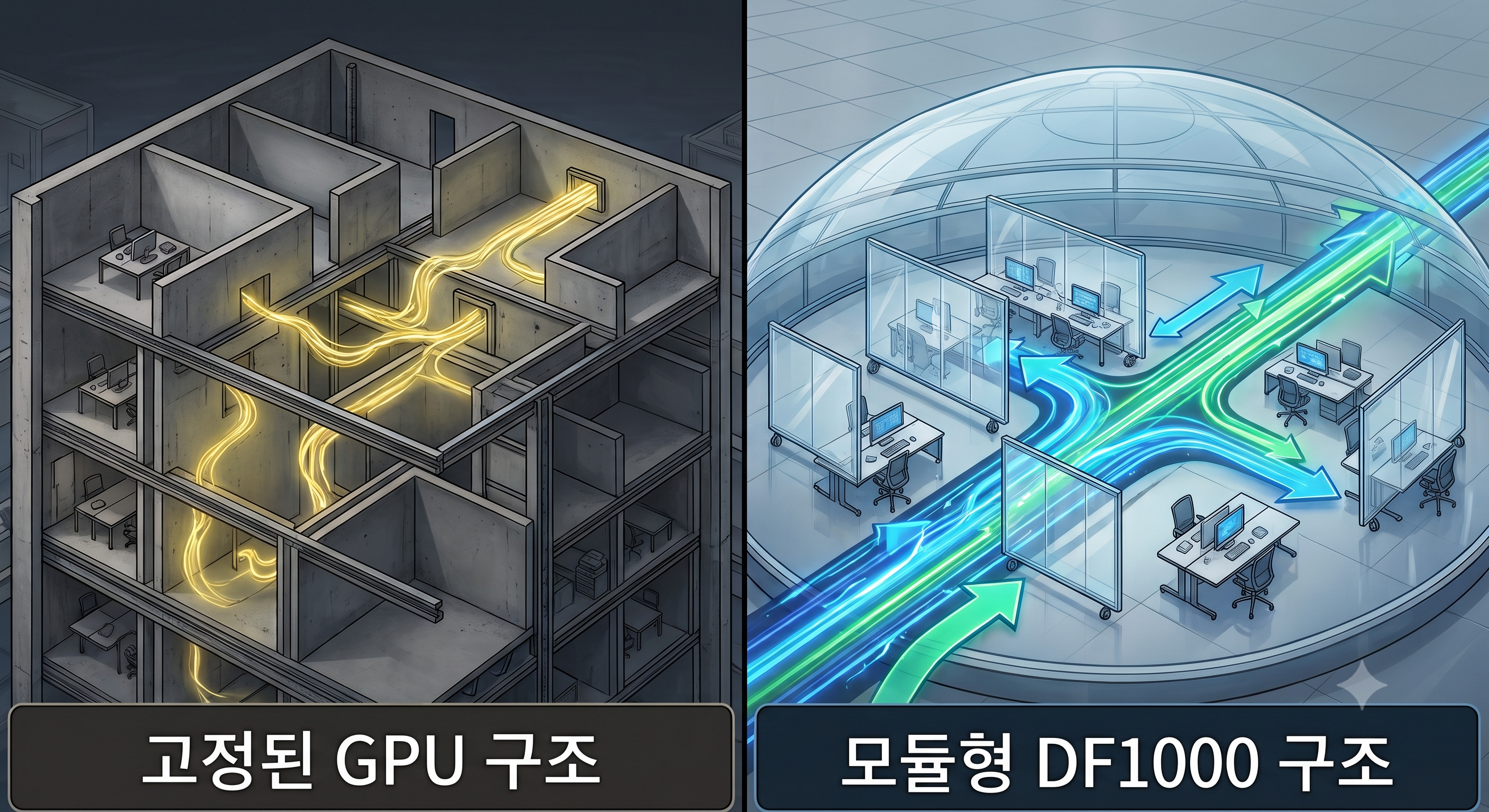 DF1000이 추구하는 '소프트웨어 아키텍쳐'는 가변형 모델이다. AI 모델이 새롭게 등장하고 트렌드가 바뀌면 AI칩의 구조를 소프트웨어를 통해 바꾸는 방식이다. 이렇게 하면 낭비되는 공간없이 연산 효율을 100% 이끌어낼 수 있다는 구상이다. 사진=인공지능 GEMINI로 제작