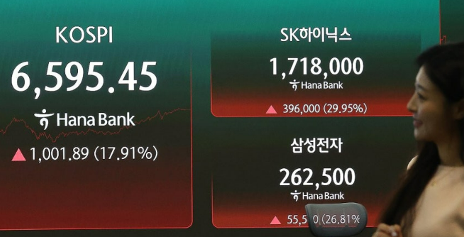 코스피가 전날보다 1,001.89포인트(17.91%) 역대 최대 상승폭을 기록했다. 31일 서울 하나은행 본점 딜링룸에 주가 지수가 표시되고 있다. 연합뉴스