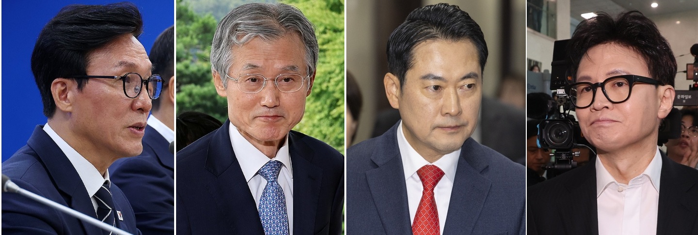 (왼쪽부터) 김민석 더불어민주당 대표, 조희대 대법원장, 장동혁 국민의힘 대표, 한동훈 무소속 의원. 사진=연합뉴스