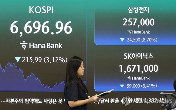 24일 장 마감 후 서울 중구 하나은행 딜링룸. 연합뉴스
