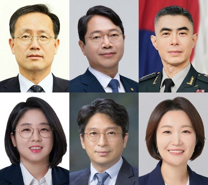 (왼쪽 위부터 시게뱡향) 윗줄 왼쪽부터 재정경재부 장관 후보로 지명된 이형일 1차관, 법무부 장관 후보로 지명된 더불어민주당 김승원 의원, 국방부 장관 후보로 지명된 강신철 전 연합사 부사령관, 성평등가족부 장관 후보로 지명된 기본소득당 용혜인 의원, 국토부 장관 후보로 지명된 홍지선 2차관, 중소벤처기업부 장관 후보로 지명된 민주당 이소영 의원.