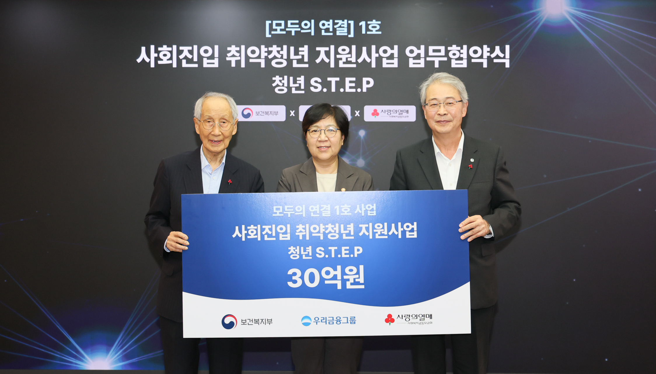 임종룡 우리금융그룹 회장, 정은경 보건복지부 장관, 윤여준 사회복지공동모금회 회장이 22일 서울 중구 사회복지공동모금회에서 ‘모두의 연결’ 1호사업 사회진입 취약청년 지원사업 ‘청년 S.T.E.P’ 사업추진을 위한 업무협약을 체결하고 기념사진을 촬영하고 있다