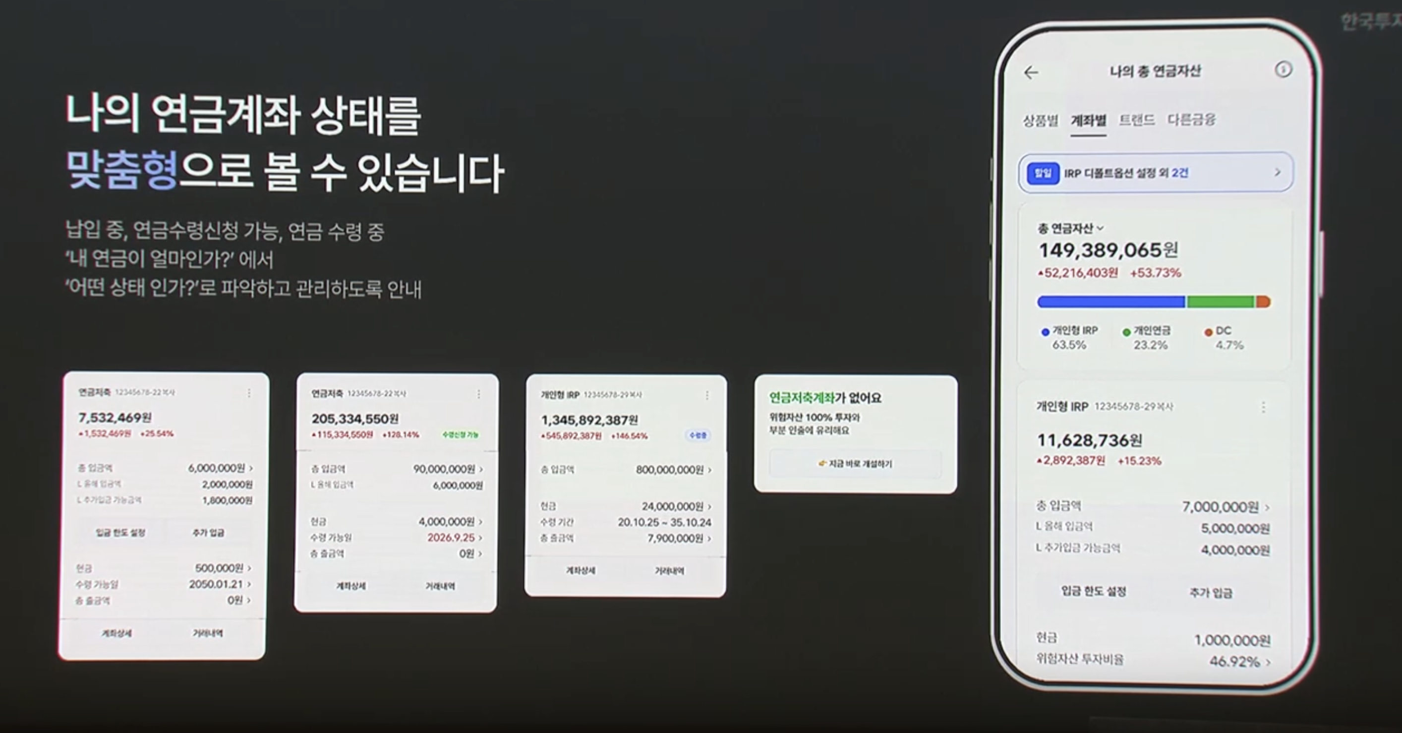 한국투자증권 MTS ‘연금 홈’ 화면. 고객의 연금계좌 상태와 납입·투자 현황을 한눈에 보여준다.
