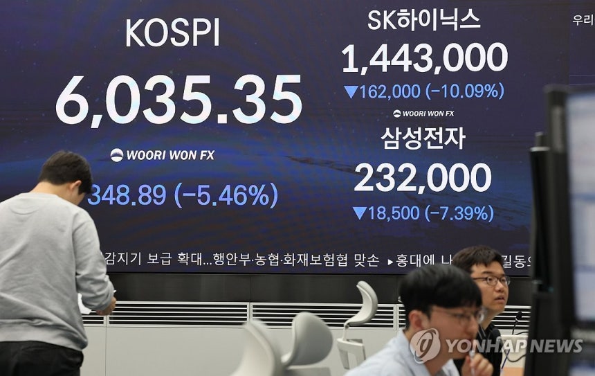 13일 서울 중구 우리은행 본점 딜링룸에 코스피 및 SK하이닉스, 삼성전자 종가가 표시돼 있다. 사진=연합뉴스