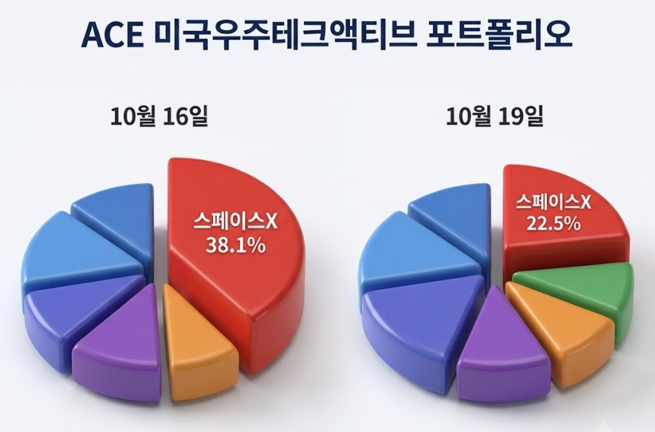 한국투자신탁운용의 ACE 미국우주테크액티브 포트폴리오 현황. 지난 16일 미국 증시에서 스페이스X 비중을 크게 덜어낸 것으로 확인됐다. 매도액은 약 201억원 규모다.