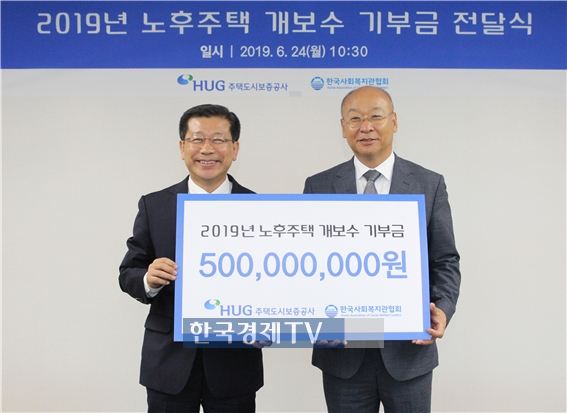 ▲ 이재광 HUG 사장(왼쪽)과 남국희 한국사회복지관협회장이 노후주택 개보수 사회공헌 후원금 전달식 기념촬영을 하고 있다. 사진제공=HUG.