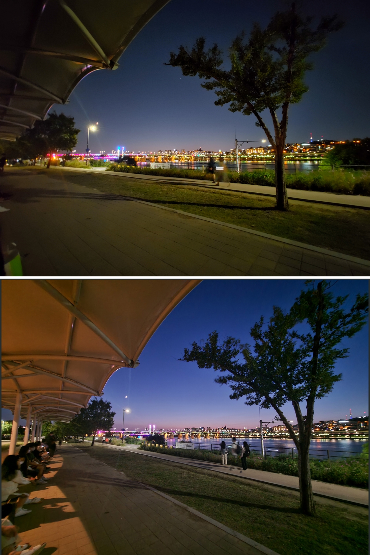 LG 윙(위) 갤럭시Z 폴드2(아래) 초광각 야간모드 비교