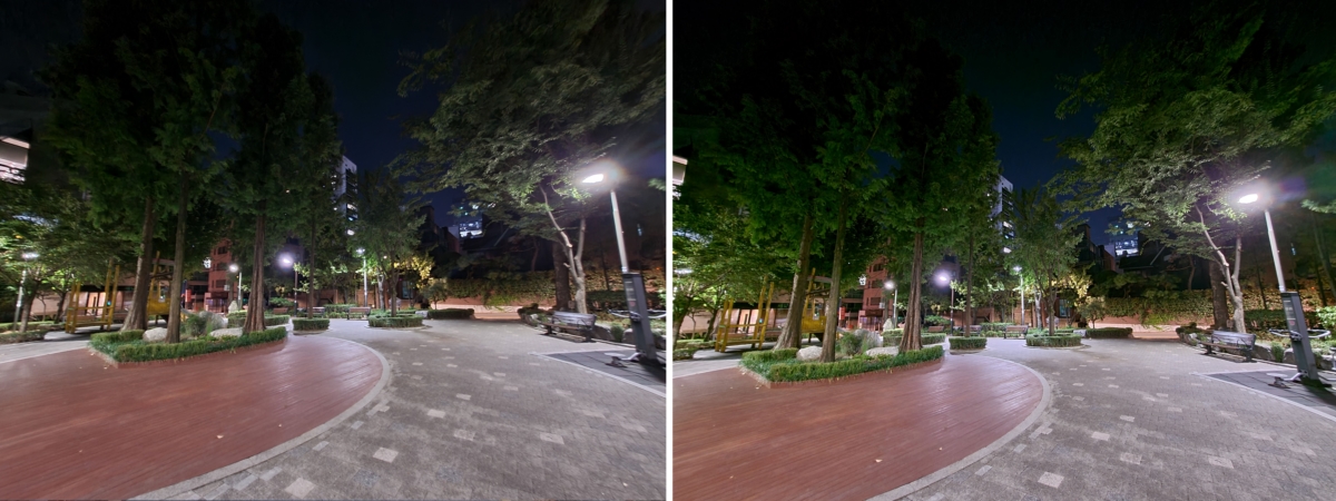 갤럭시S20 FE(왼쪽) Z폴드2(오른쪽) 야간모드 초광각 사진 비교