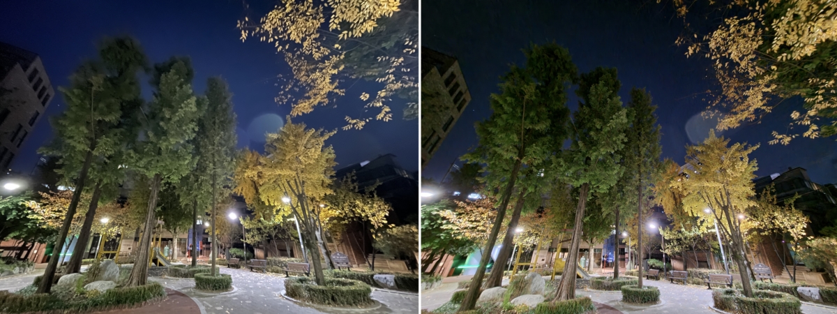 아이폰12 프로(왼쪽) 갤럭시Z 폴드2(오른쪽) 야간 초광각 사진 비교