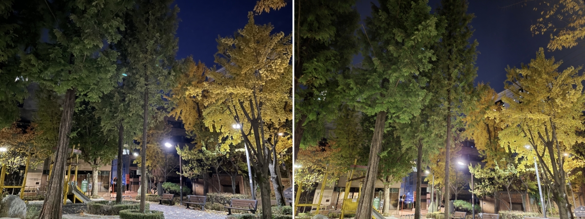아이폰12 프로(왼쪽) 갤럭시Z 폴드2(오른쪽) 야간 사진 비교