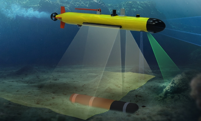 수중자율기뢰탐색체(AUV, Autonomous Underwater Vehicle) 개념도