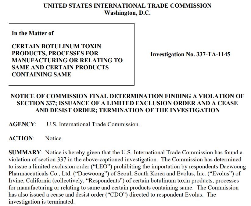 (미국 국제무역위원회 ITC가 대웅제약 나보타의 21개월 수입 금지를 최종결정했다. 판결문 출처 : USITC)