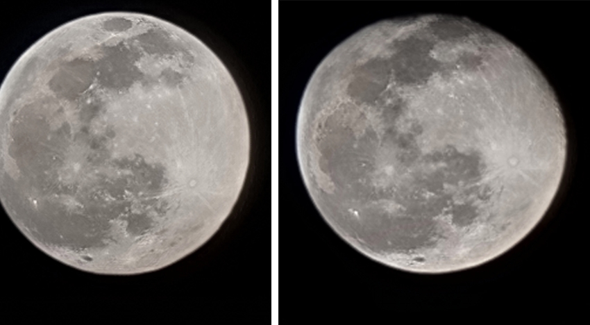 갤럭시S21 울트라 100배 스페이스줌 장면별 최적화 달 모드. 보름달(왼쪽)을 찍고 사흘 뒤 다시 찍은 사진(오른쪽) 비교