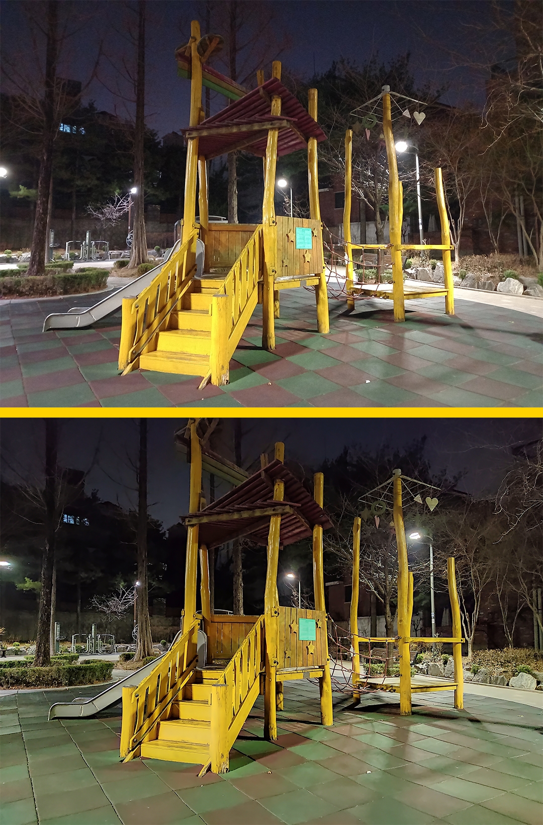 야간 사진 비교 갤럭시A12(위) 샤오미 홍미노트9S(아래)