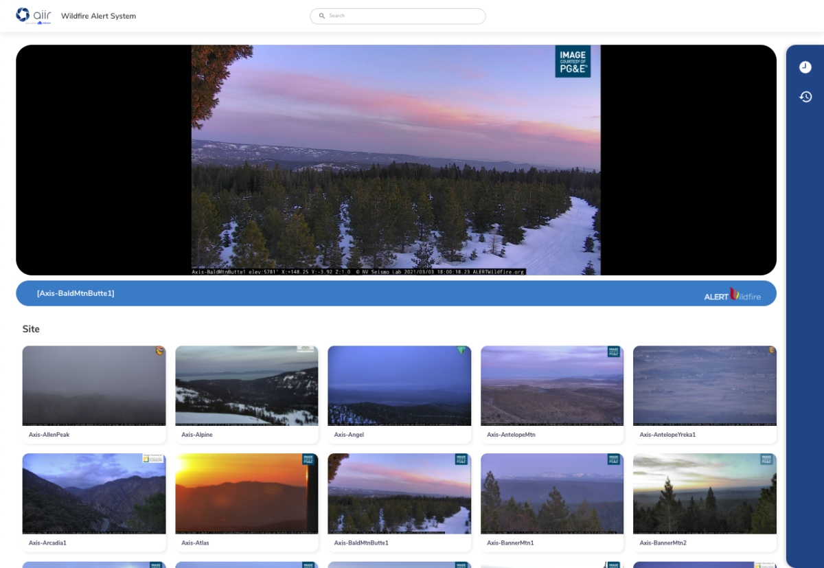 캘리포니아 ALERT Wildfire 소속 200개 카메라와 연결된 실시간 모니터링 대시보드