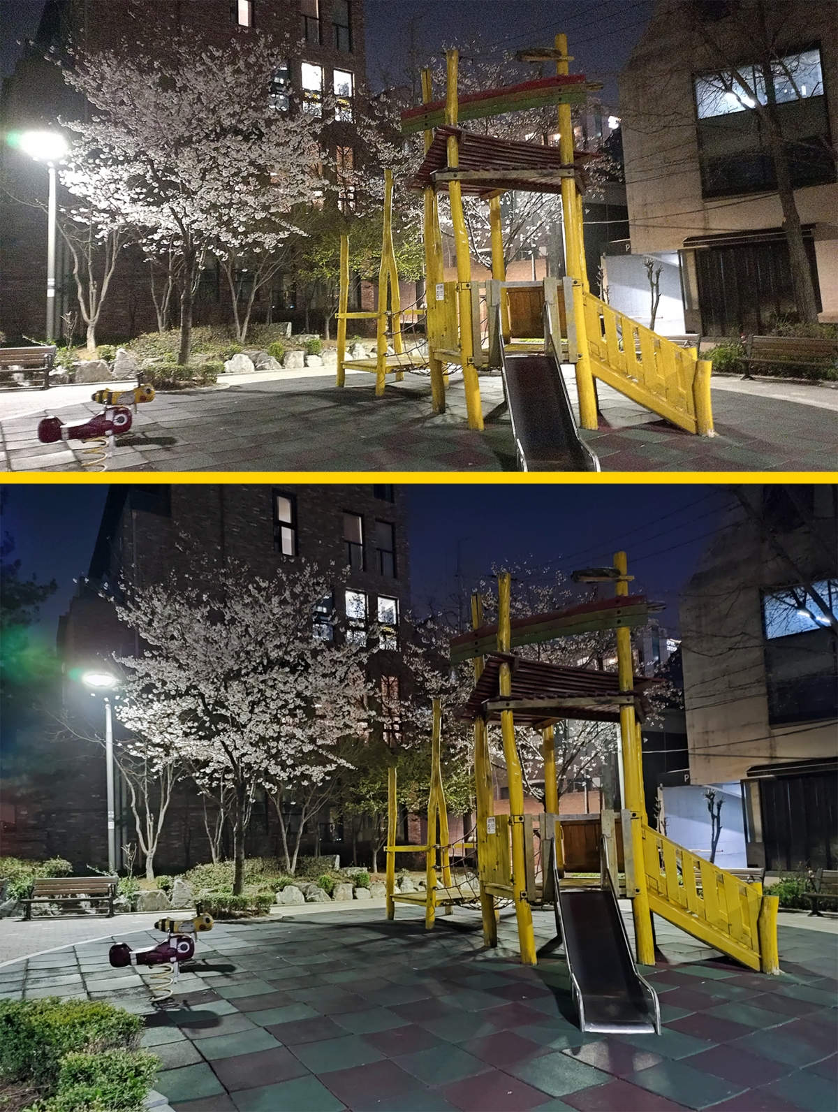 갤럭시A32(위) 홍미노트10 프로(아래) 야간 모드 비교