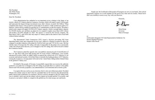 브라이언 캠프 미국 조지아 주지사가 지난달 조 바이든 대통령에게 보낸 SK이노베이션 배터리 수입금지 조처 번복 요청 서한. (조지아 주정부 제공) 