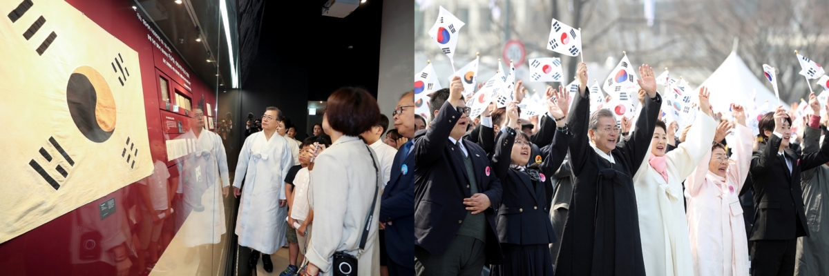 공식석상에서 한복을 입은 문 대통령. 왼쪽은 2019년 광복절 경축식, 오른쪽은 2019년 3.1절 기념식(청와대 제공)