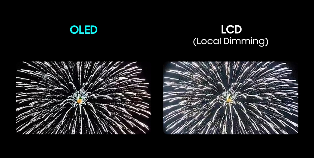 빛 번짐 현상 비교 이미지(삼성 노트북용 OLED vs. 로컬디밍 LCD)