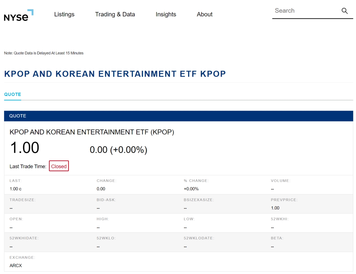 (현지시간 1일부터 NYSE Arca에서 거래 예정인 KPOP ETF 안내 화면) 