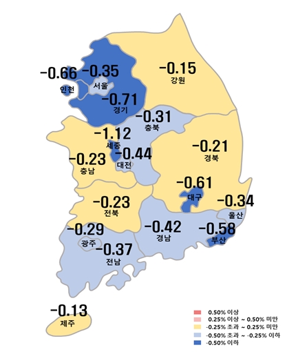 `23년 1월 16일 기준 시도별 아파트 매매가격지수 변동률(부동산원)