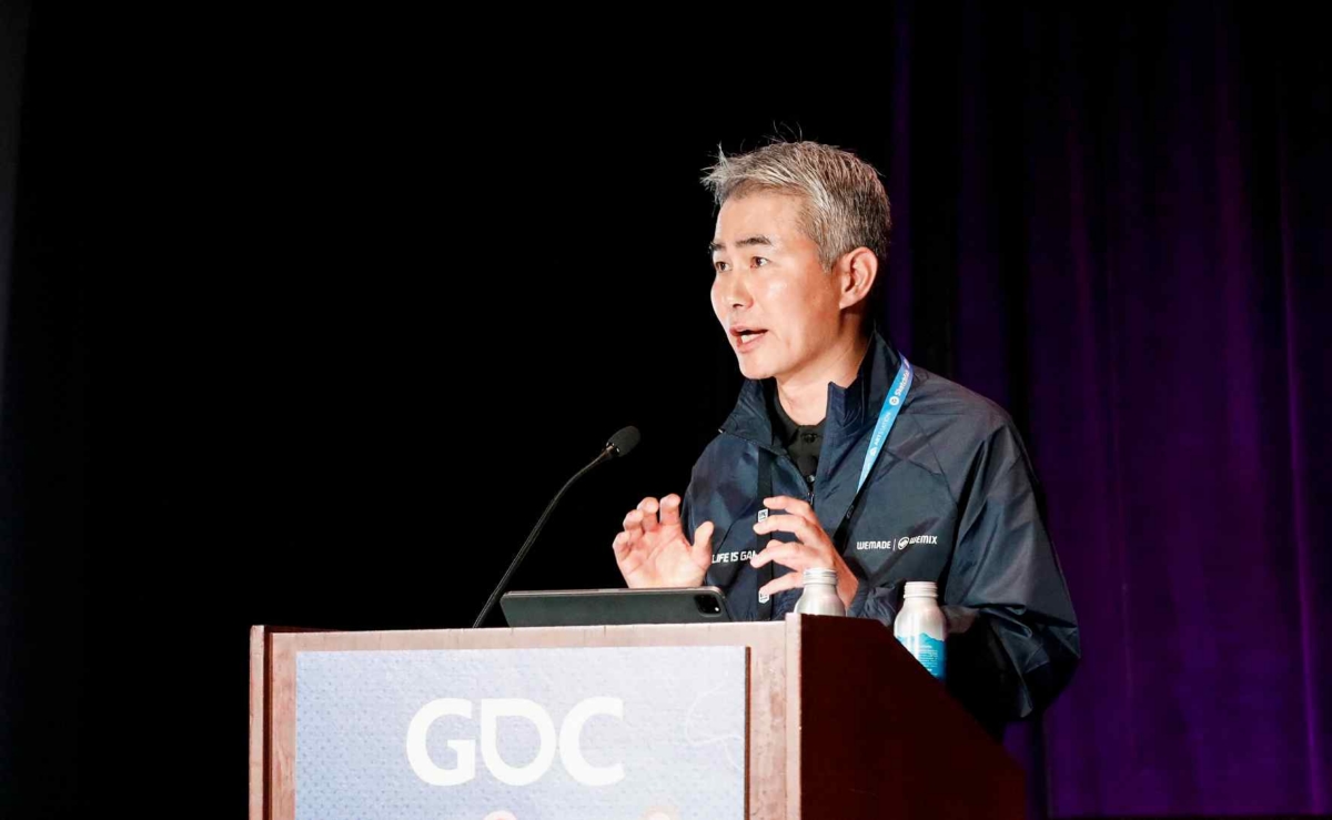 장현국 위메이드 대표가 미국 샌프란시스코 모스콘센터에서 열린 'GDC 2023'에서 기조연설을 하고 있다. [자료사진 = 위메이드 제공]