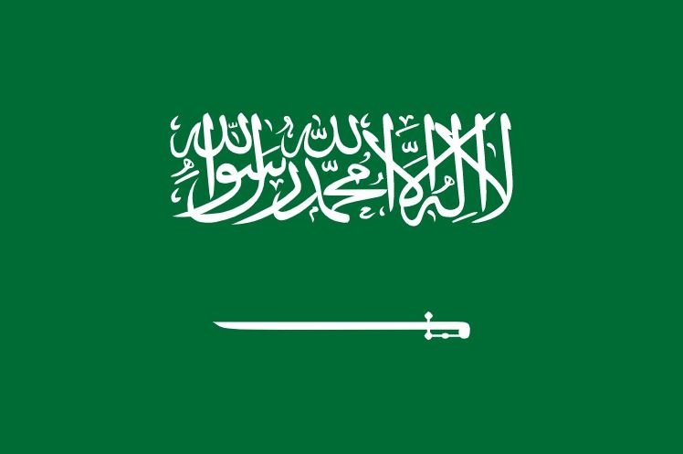 (사우디아라비아 왕국 국기, 아랍어로 쓰인 문장은 '알라 외에는 신이 없으며 무함마드는 알라의 사자다'라는 뜻이다. 아래에 놓여진 칼은 초대 국왕 압둘 아지즈 이븐 사우드의 승리를 상징한다)
