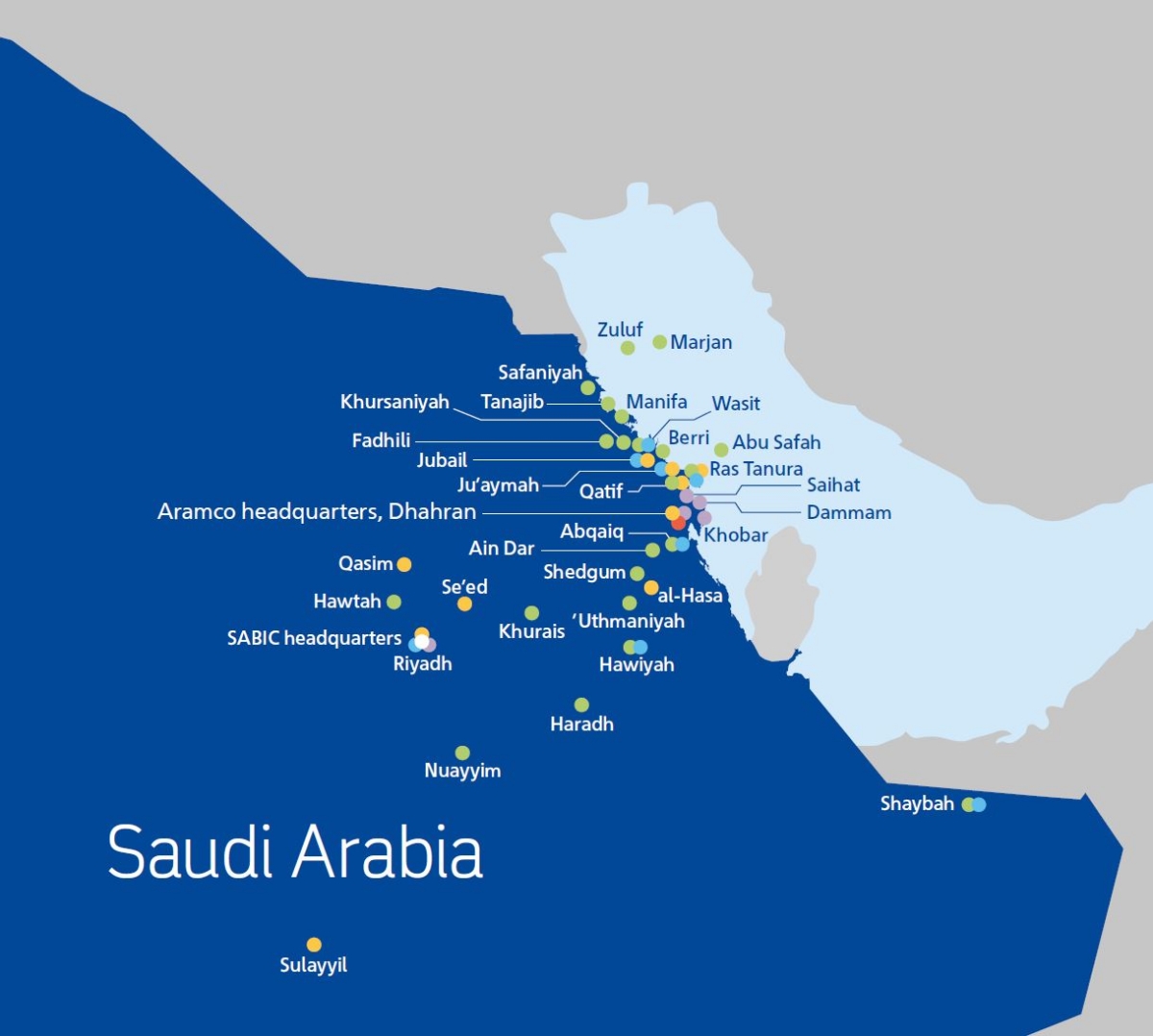 (사우디아라비아 동부 해안가에 밀집한 아람코 석유 유정, 자료:아람코)