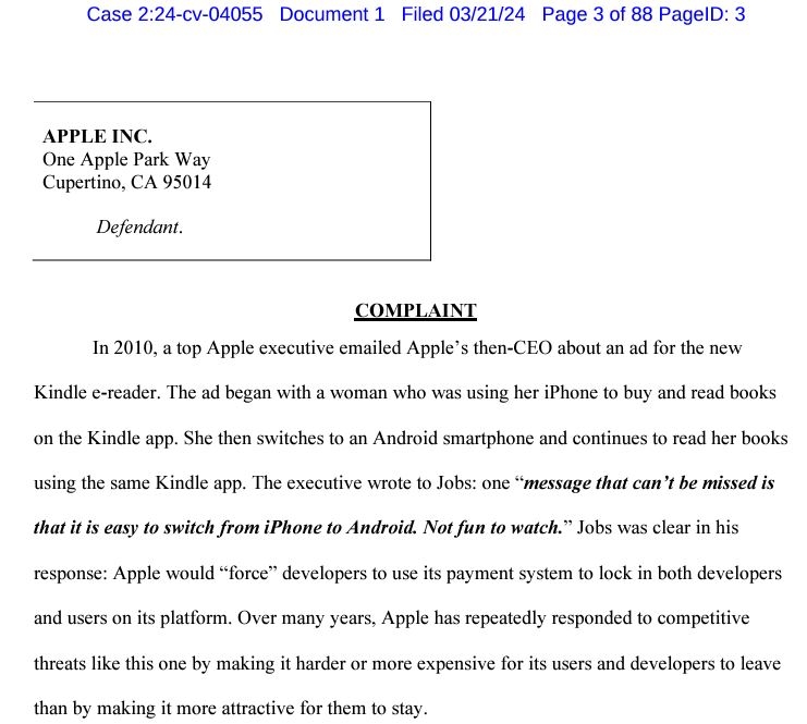 애플을 상대로 반독점 소송을 제기한 미 법무부 소장의 도입부