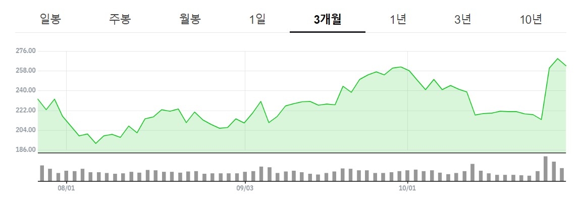 테슬라 주가 추이(출처 : 네이버 증권)