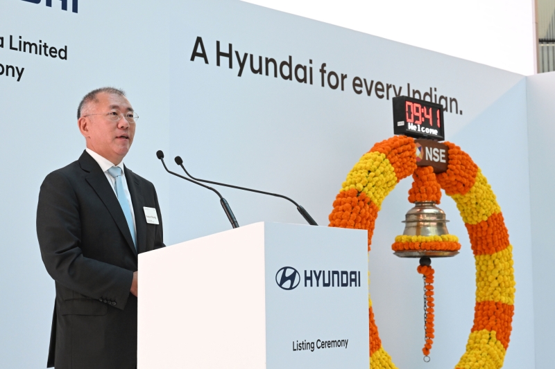 정의선 현대자동차그룹 회장이 인도 뭄바이 인도증권거래소(NSE)에서 VIP 스피치를 하는 모습 (현대차 제공)
