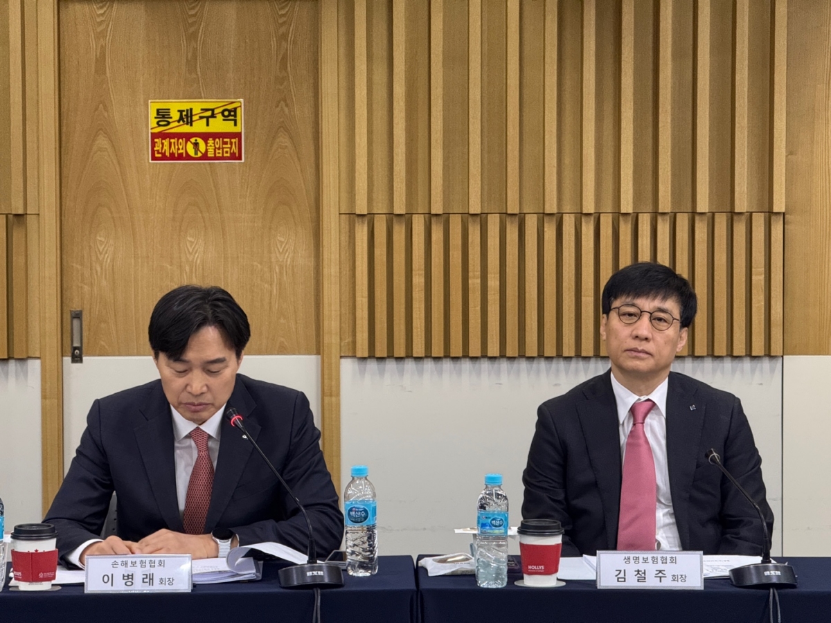 이병래 손해보험협회장과 김철주 생명보험협회장(왼쪽부터)이 19일 생명보험교육문화센터에서 열린 ‘보험산업 경쟁력 제고를 위한 현장 간담회’에서 발언하고 있다.