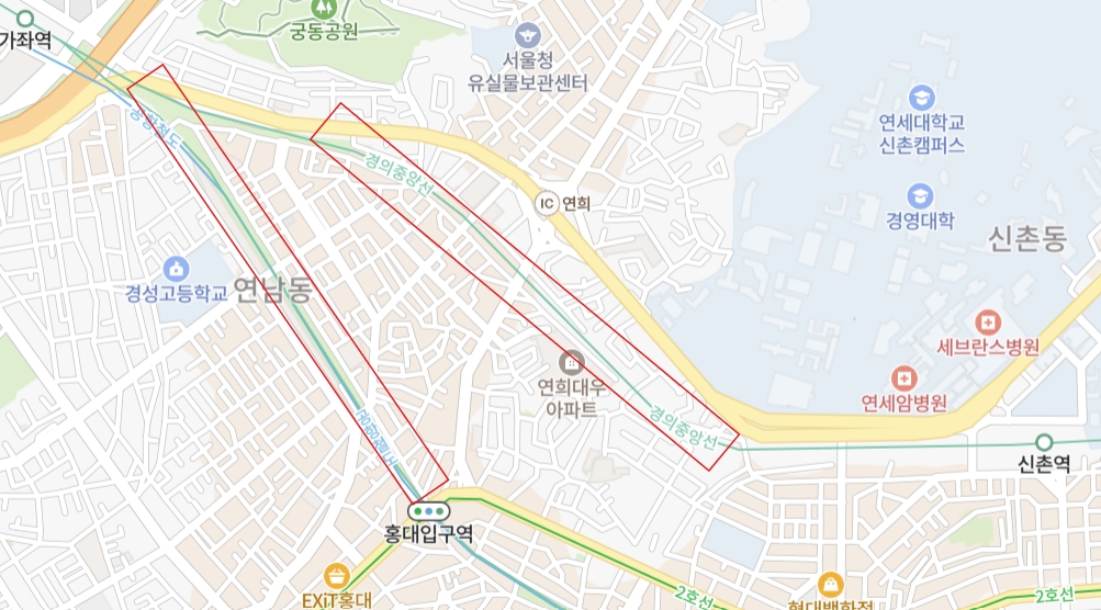 폐선이 예상되는 가좌역~신촌역 경의중앙선 거리. 네이버지도 캡처 화면 