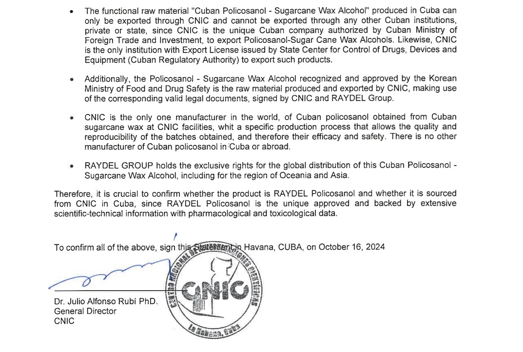 폴리코사놀-사탕수수왁스알코올이 CNIC에서만 원료 생산과 수출이 가능하며, 한국 독점판매권은 레이델 그룹이 가지고 있다는 내용을 뒷받침하는 CNIC 성명서.
