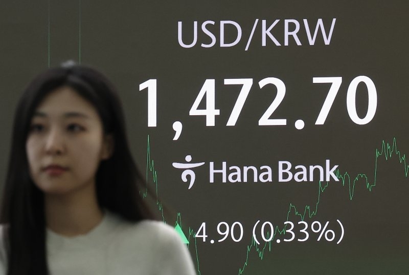 8일 오후 서울 중구 하나은행 본점 딜링룸 현황판에 원·달러 환율이 표시돼 있다. (사진제공=연합뉴스)