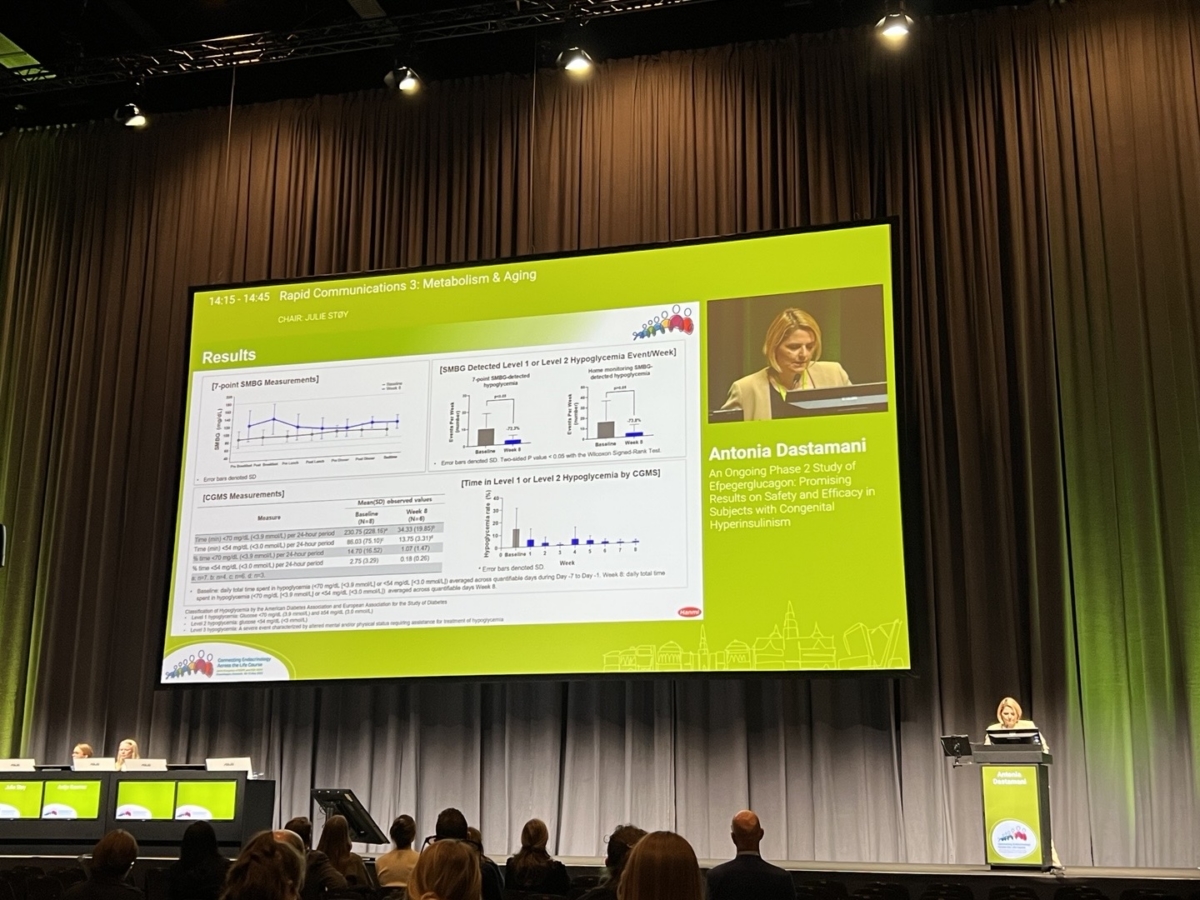 지난 11일 덴마크 코펜하겐에서 열린 유럽소아내분비학회(ESPE) 및 유럽내분비학회(ESE) 공동 학술대회에서 에페거글루카곤에 대한 임상 2상 중간 분석 결과를 영국 연구자인 안토니아 다스타마니 박사가 발표하고 있다. (사진=한미약품)
