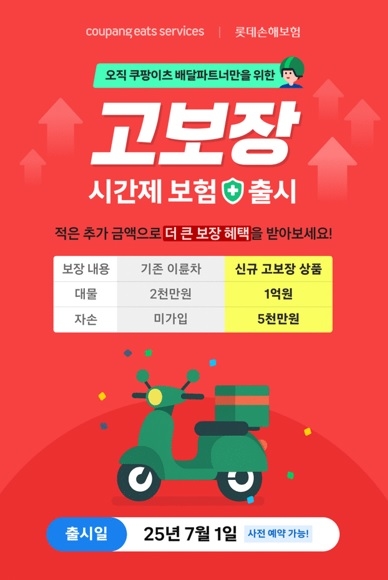 롯데손보, 쿠팡이츠와 이륜차 '대물 최대 1억' 시간제 보험 출시