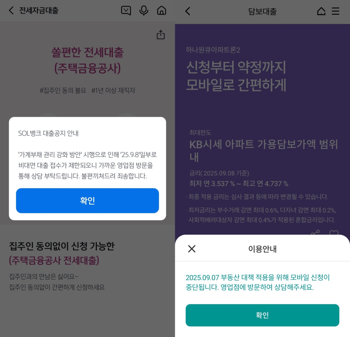 신한은행과 하나은행 앱에서 비대면 전세자금대출, 주택담보대출 신청이 일시 중단됐다.